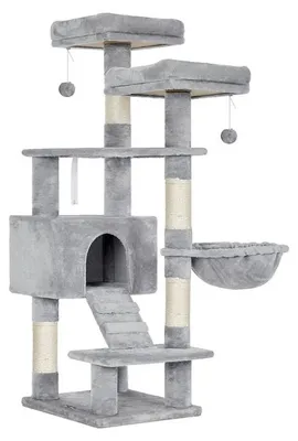 Obrázek produktu pro Kočičí strom s odpočívadly, plyšovým povrchem a hračkami, světle šedá barva, rozměry 50 x 45 x 142 cm