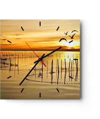 Produktbild von Wanduhr - Quadrat - Glasuhr - See Vogel Wasser - 30x30cm - Schleichendes Uhrwerk - Lautlos - zum Aufhängen bereit - Dekoration Modern - Wanddekoration aus Glas - C3AC30x30-3616