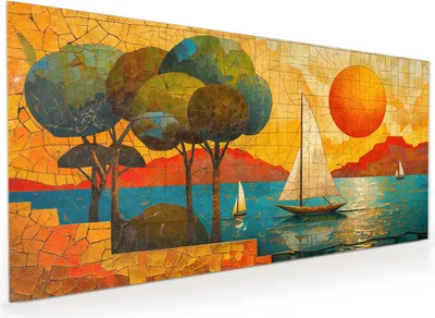 Produktbild von Küchenrückwand Spritzschutz Glas mit Motiv Segelboot im Sonnenuntergang 40 x 40 cm