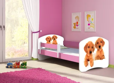 Produktbild von ACMA Jugendbett Kinderbett Junior-Bett Komplett-Set mit Matratze Lattenrost und Rausfallschutz Rosa 39 Welpen 140x70