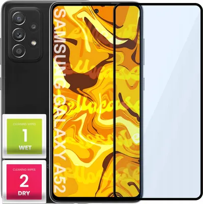 A black Samsung Galaxy A52 smartphone is shown next to a screen protector and cleaning wipes.