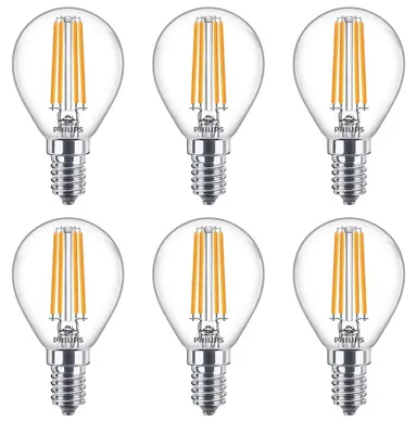 Produktbild von 6 x Philips LED Filament Leuchtmittel Tropfen 6,5W = 60W E14 klar 806lm warmweiß 2700K