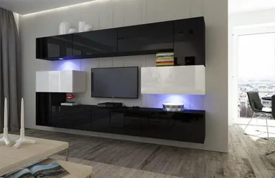 Immagine prodotto di Furnitech Parete attrezzata soggiorno - Parete attrezzata moderna - Parete attrezzata soggiorno con mensole e mobile TV - Mobile soggiorno senza LED (Albania AN3-17BW-HG24 1B)