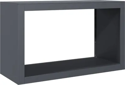 A dark grey metal firewood rack with a large rectangular opening.