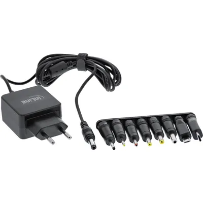 Produktbild von InLine Universal Steckernetzteil, 5V/15W, mit 8 Wechselsteckern Micro-USB USB-C, 100 - 240 V, 50 / 60 Hz, 3000 mA, Schwarz, 1,8 m, 45 mm