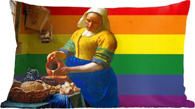 Produktbild von MuchoWow® Zierkissen Sofakissen Wohnzimmer Dekokissen 60x40 cm Milchmädchen - Vermeer - Stolz - Kopfkissen - Polster mit Foto