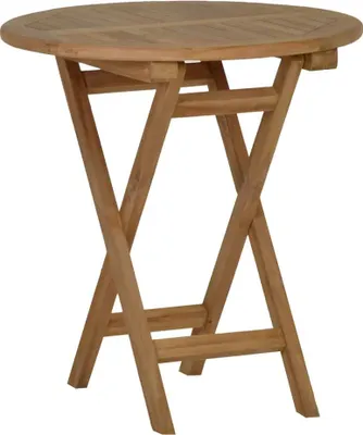 A round, wooden folding table with an X-shaped base, presented against a white background.