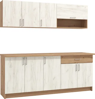 Produktbild von Homestyle4u Küche Modern Holz Eiche Küchenzeile ohne Geräte Einbauküche Singleküche 200 cm Shabby Weiß