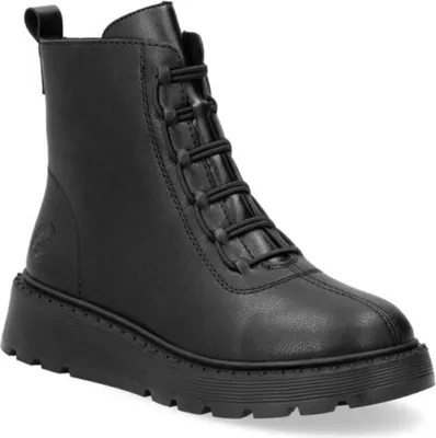 A black leather boot with a thick sole and decorative lacing.