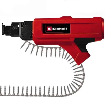 A red Einhell magazine attachment for a drywall screw gun, with a strip of screws feeding into it.