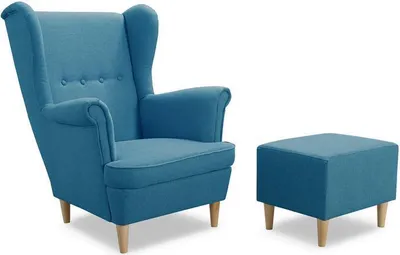 Produktbild von Easy4You Sessel Uszak mit Fußbank Türkis 82x100x86 cm, Relaxsessel, Skandinavischer Sessel, Moderner Polstersessel in Stoff Lux 30, Wohnzimmermöbel, Füße aus Holz