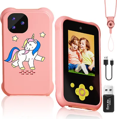 A collage showing the front and back of a pink children's toy smartphone with a unicorn design, along with accessories like a lanyard and USB cable.
