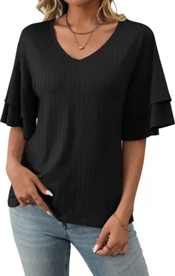 Image de ASKSA T-shirt manches courtes chemisier col V été élégant haut uni ample tunique casual tops (Noir,XXL)