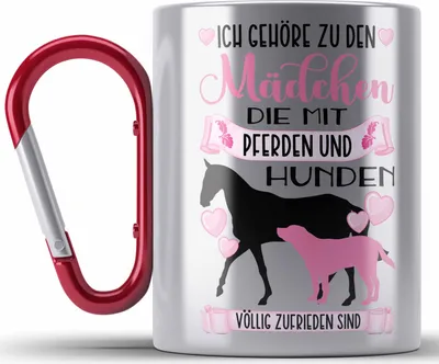 Produktbild von Trendation - Pferd Hund Edelstahl Tasse Karabiner Geschenk Mädchen Reiterin Geschenkidee Rosa Karabiner Edelstahl Tasse Karabiner Edelstahl Reiten Lustiger Spruch (Rot)