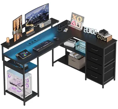 Immagine prodotto di Scrivania angolare AIORBER con supporto per monitor e 4 cassetti; scrivania per computer con prese elettriche; scrivania da ufficio a forma di L, nera