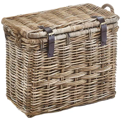 Zdjęcie produktu dla Uniwersalny kosz rattanowy Kobolo z pokrywką, uchwytami i skórzanymi paskami 61 x 33 x 46 cm