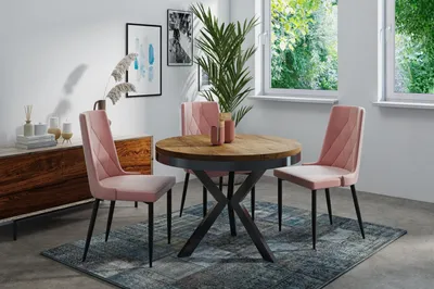 Produktbild von Runder Ausziehbarer Esstisch im Loft-Stil - Industrieller Tisch mit Schwarzen Metallbeinen - Platzsparender Tisch für Wohnzimmer - Lefkas Eiche - 100 bis 140 cm