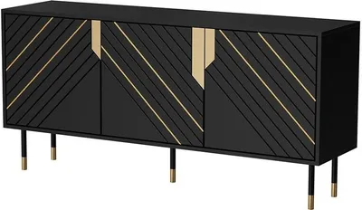 A black sideboard with gold accents and legs, shown against a white background.