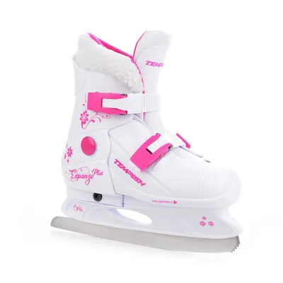 A single white ice skate with pink accents, shown against a white background.