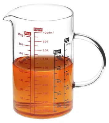 Produktbild von Borosilikatglas-Flasche mit einem Liter Fassungsvermögen und Messmarkierungen