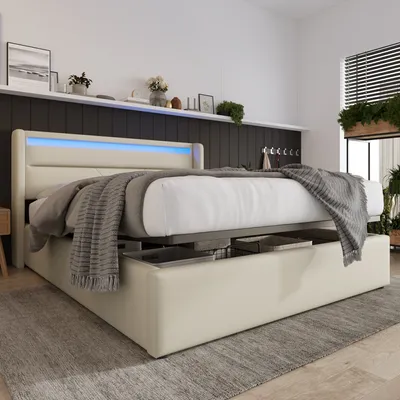 Produktbild von Sweiko posteľ s pružinovým boxom Čalúnená posteľ 140x200 cm Manželská posteľ s LED osvetlením Úložná posteľ biela (bez matraca)