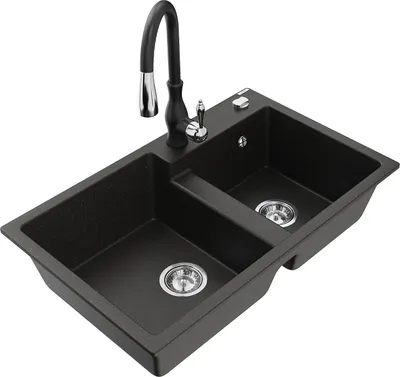 Produktbild von Mexen Tomas 2-Becken-Granitspüle mit Mischbatterie Savita, Schwarz/Gold metallisch - 6516-75-672601-70