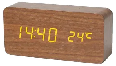 Obrázek produktu pro Digitální budík, design z dřeva, indikátor teploty, hnědý