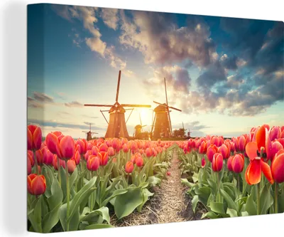 Produktbild von OneMillionCanvasses® - Leinwandbilder - 140x90 cm, Windmühle - Blumen - Sonne, Wandbilder Kunstdruck Wanddekoration