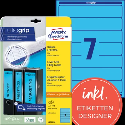 Obrázek produktu pro Avery Zweckform® L4763-20 L4763-20 Štítky na složky - úzké/krátké, (A4 - 20 listů) 140 kusů, modré