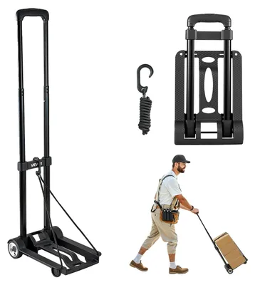 Productafbeelding van VEVOR inklapbare kruiwagen, draagvermogen 50 kg, transportkar met 2 wielen en 1 elastisch touw, multifunctionele transportwagen met platform, geschikt voor luchthavens, reiskoffers, bagage, kantooverplaatsingen, zwart, 320x235x965mm