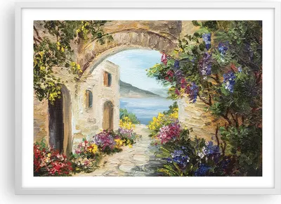 Produktbild von Gerahmtes Poster - Weißer Rahmen - Haus Santorini Blumen - 70x50 cm - Wand Bild - Wanddeko - Wandbilder - Kunstposter - Wandposter - Bilderrahmen - Bilder - Kunstdruck - Wandbild - P2WAA70x50-4191