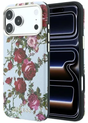 Image de Coque Guess pour iPhone 18 Pro / 17 Pro, avec motif de roses en fleurs, compatible MagSafe, couleur bleue