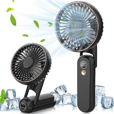 Two black portable fans are shown, one larger and one smaller, surrounded by ice cubes and green leaves, with stylized air currents emanating from the fans.