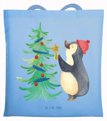 Produktbild von Mr. & Mrs. Panda Tote Bag Pinguin Weihnachtsbaum - Sky Blue - Geschenk, Tasche, Weihnachten, Tragetasche, Shopping, Laptoptasche, Jutebeutel, Winter