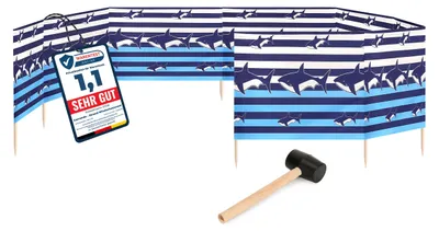 Produktbild von Garronda Strand Windschutz Sichtschutz 12m lang plus Gummihammer GAEX001 (Streifen/Haie, 12 m)