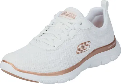 Produktbild von Skechers Flex Appeal, Damen Mesh Sneakers, Sportschuhe in weiß und rosegold, herausnehmbares Skechers Air Cooled Memory Foam Fußbett, in der Maschine waschbar