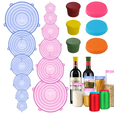 18 Silikon-Deckel Set: 12 Stretchdeckel + 3 Dosen- + 3 Becherdeckel