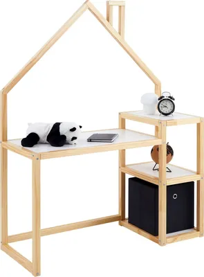 Produktbild von Kinderschreibtisch NIVIA Hausform natur/weiß mit Regal Stauraum gefertigt aus Kiefer Massiv. Stabil langlebig perfekt für Kinderzimmer. Montessori-Möbel ideal für Hausaufgaben oder Bastelarbeiten.