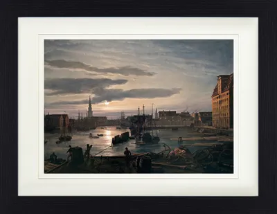 Obrázek produktu pro Johan Christian Dahl Zarámovaný obraz s jemným paspartováním | Wall Art | V rámu - Kodaňský přístav za svitu měsíce, 1846 (30 x 40 cm)