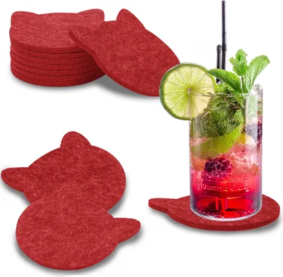 Produktbild von wortek Filz Untersetzer - Deko Tischset I Filzdeckel für Getränke, Tassen, Bar & Tisch, 8er Set I 10cm I Katzenform, Dunkelrot