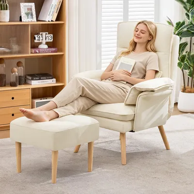 Image de Fauteuil relax avec repose-pieds, fauteuil inclinable à 5 positions, fauteuil de lecture rembourré avec coussins pour la tête et les accoudoirs, fauteuil rembourré, couleur beige