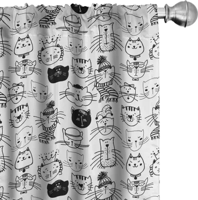 Produktbild von ABAKUHAUS Haustier Vorhänge, Gardinen, Comic Doodle Katze Gesichter mit Schal Hipster Hüte Krone Childish Karikatur Art, 2 Stück 75 x 175 cm, Weiß und Schwarz