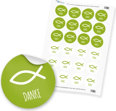 Produktbild von 24x Sticker Fisch Danke (Motiv 89) grün 4cm Taufe Kommunion Konfirmation