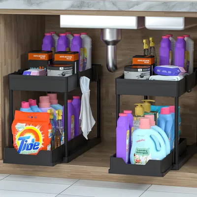 Produktbild von Küchen-Aufbewahrungsregal — Schrank-Organizer (2-teiliges Set), Untertischregal, Aufbewahrung für Bad & Küche, Multifunktionale Aufbewahrungslösung, Schwarz