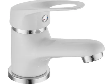 A white and silver faucet against a white background.