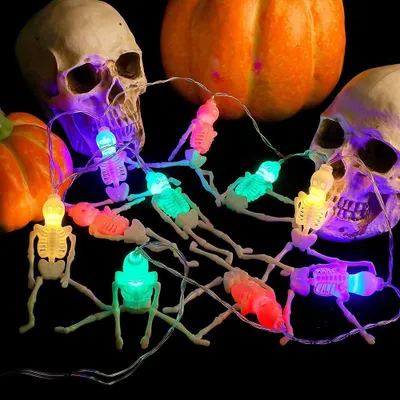Image de Halloween Décoration Squelette Guirlandes lumineuses, 2.5M LED Décoration Squelette suspendue 8 modes d'éclairage Fonctionnement sur piles Télécommande Lampe à suspendre pour fête Bar