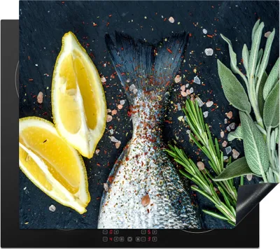 Produktbild von KitchenYeah© Herdabdeckplatte Fisch - Zitrone - Kräuter , 57x51cm, Küche Deko, Glaskeramikkochfeld Herdabdeckung, Abdeckplatte fùr Kochfeld