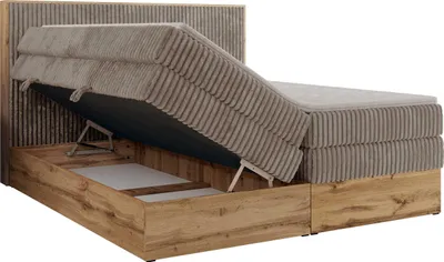 Produktbild von MKS MEBLE Boxspringbett WOOD CLASSIC KING, Doppelbett mit zwei Multipocket-Matratze und Topper T25, hohe Kopfteil, Stauraum - 200 x 200 cm - H4 - Hellbraun Cord