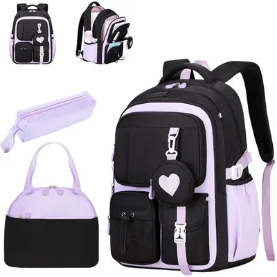Produktbild von Mädchen Schulrucksack 3-teilig Set – Wasserdichter Lighter Schulrucksack aus Oxford-Stoff – Atmungsaktiv & Große Kapazität – Violett