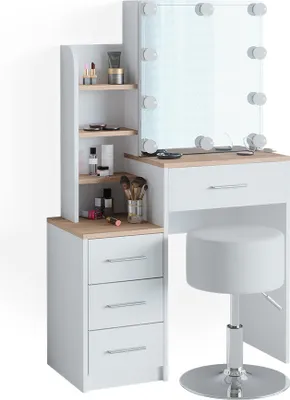 Produktbild von Schminktisch Vicco Conrada Weiß/Sonoma 80 cm mit LED Beleuchtung und Hocker, Model 39979
